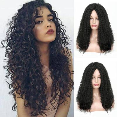 Damen-Perücke, langes lockiges Haar, ohne Pony, Kunstfaser, schwarz, gelb, Perücke, lange lockige Perücke für Damen