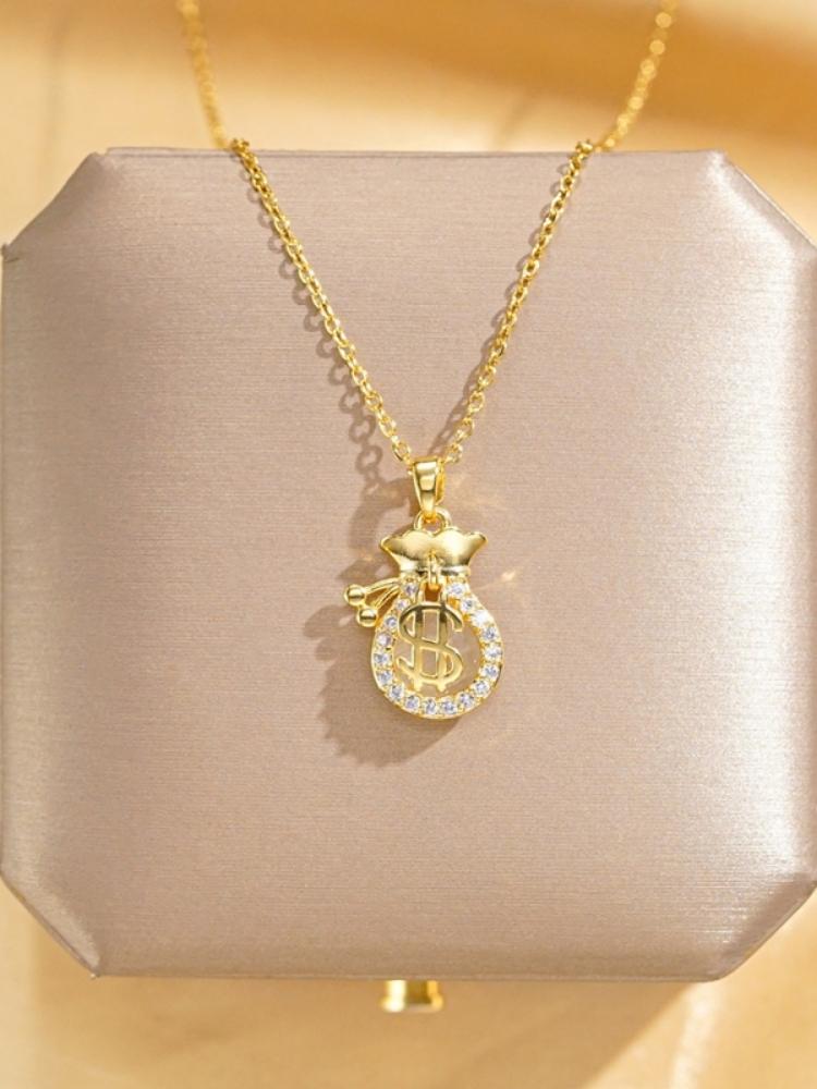 1 Pcs Copper Pendant Money Pouch Titanium Steel Necklace Model 2025 Women Niche Trend Light Luxury Collarbone Chain