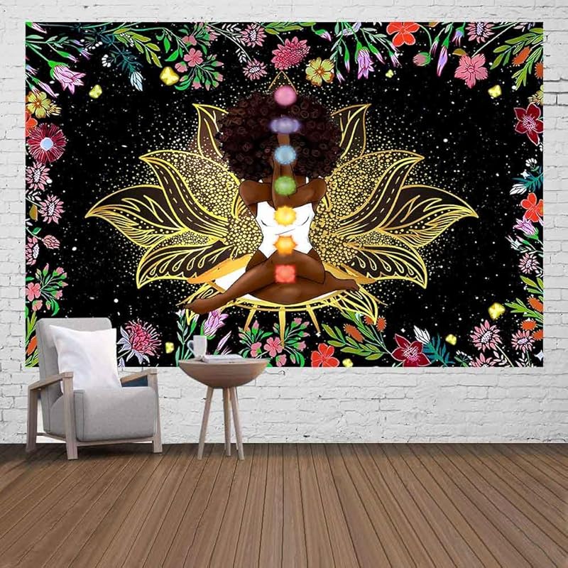 Ine Ive African Chakra Tapestry African American Woman Zen Meditation Tapestries 80x60 Inch Starry Sky Flower Garden Inspirational Afro Yoga Wall Art