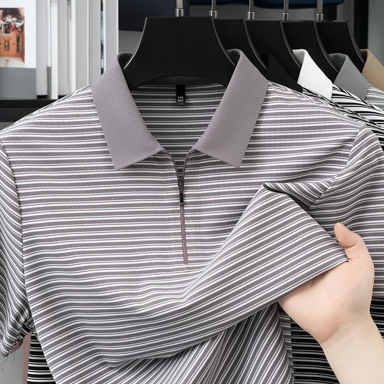 Classic Striped Men's Casual Seamless Zipper Polo Shirt with Four-way High Elasticity