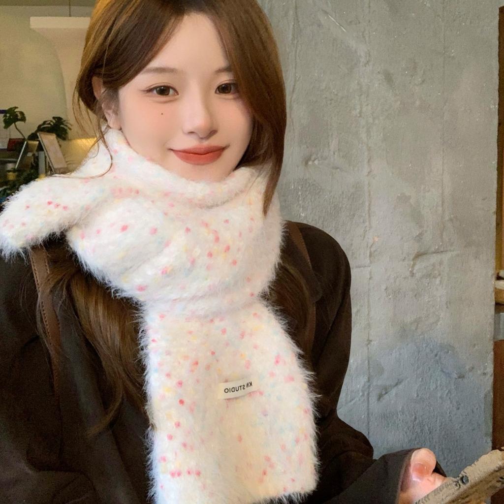 Korean colored jelly beans imitation mink soft waxy scarf women's autumn and winter sweet and versatile student white plush warm scarf