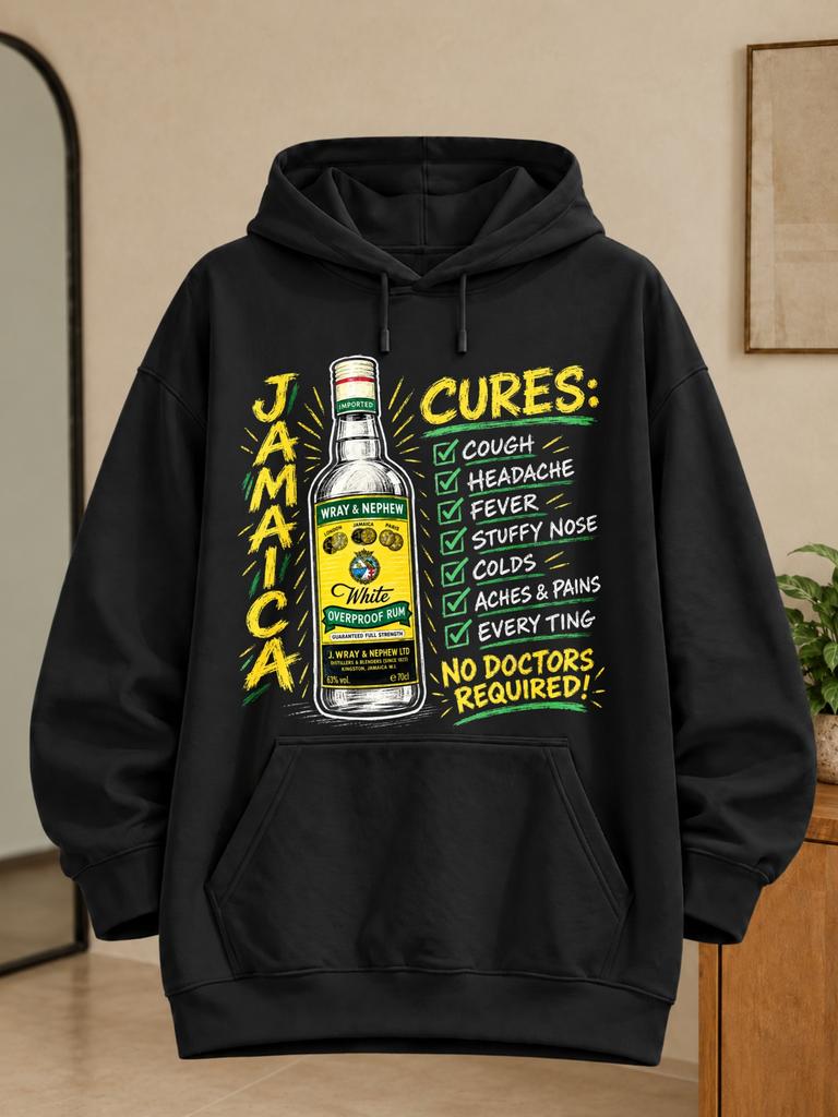 Unisex Hoodie Jamaica Cures No Doctors Required White Overproof Rum Bottle with Green Checkmarks and Distressed Yellow Text Black