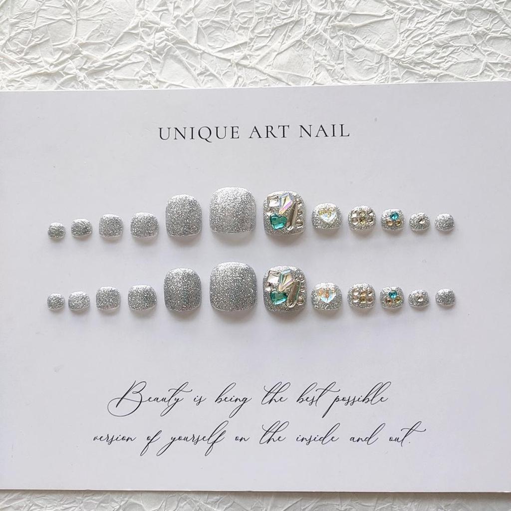 J42 Rhinestone Glitter Toenail Art Patches - Handmade, Colorful, Wearable Light-Cured Fake Toenails