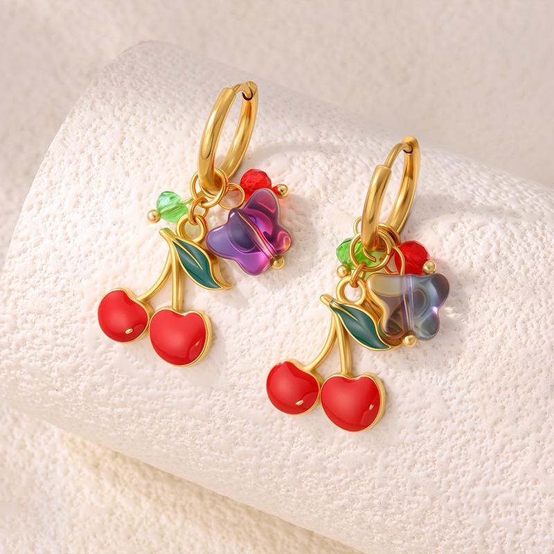 Colorful Butterfly Enamel Cherry Earrings: Pastoral Style, Light Luxury Ear Hoops for Women