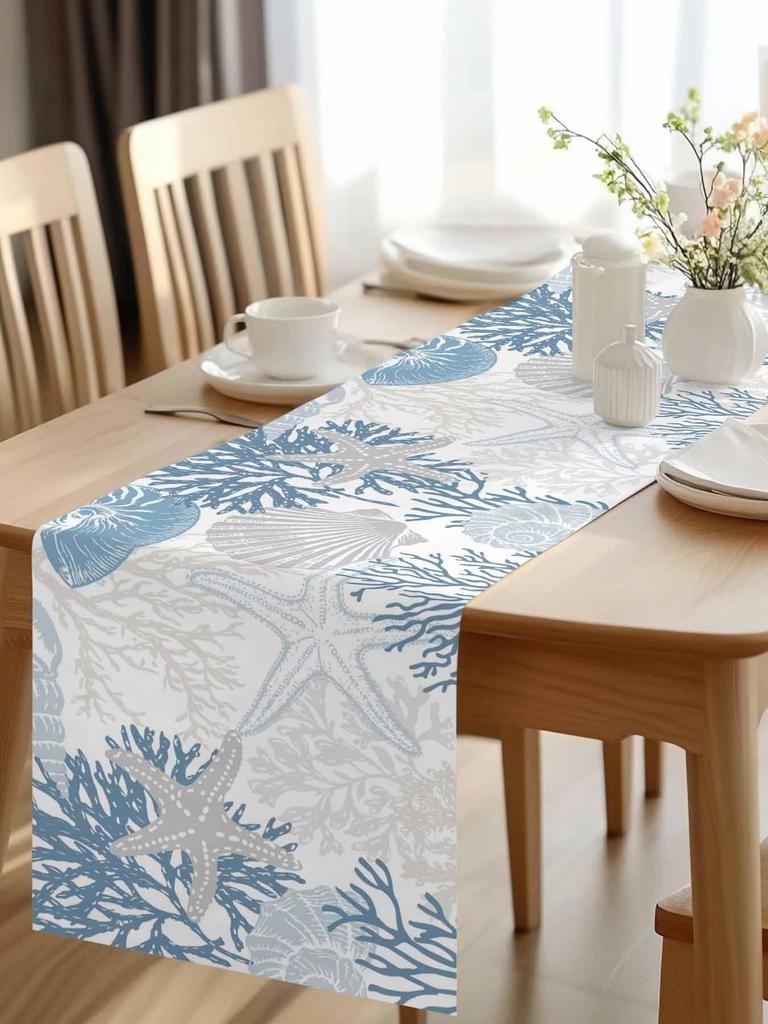 Summer Ocean Starfish Print Linen Table Runner Home Decor Watercolor Marine Life Corals Kitchen Dining Table Runners Party Decor