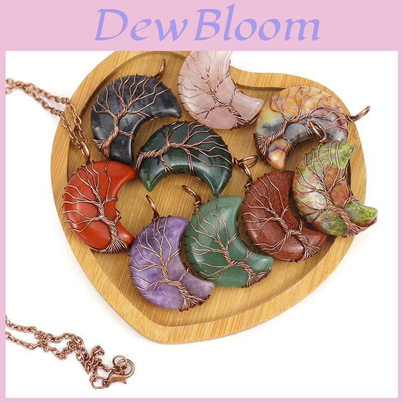 Moon Shape Design Natural Crystal Pendant Necklace With Tree Of Life Design For Women
