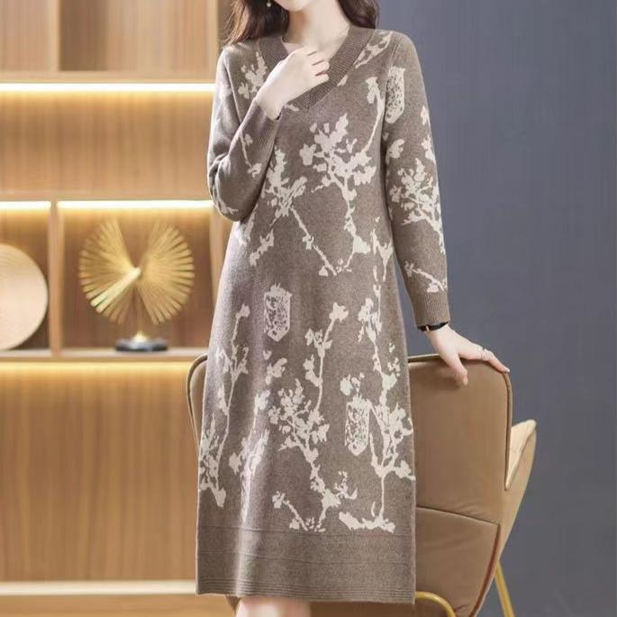 Jacquard V-Ausschnitt Strickkleid für Damen Midilänge Lockerer Pulloverkleid für Herbst und Winter Lässiger Strickpullover