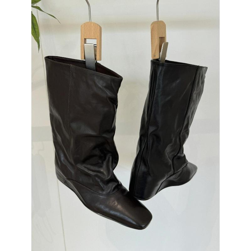 Cowhide~ Autumn and Winter New Inner Height Increase 5cm Boots Square Head Loose Sleeve Medium Boots Women's Short Boots Fashion Knight Boots