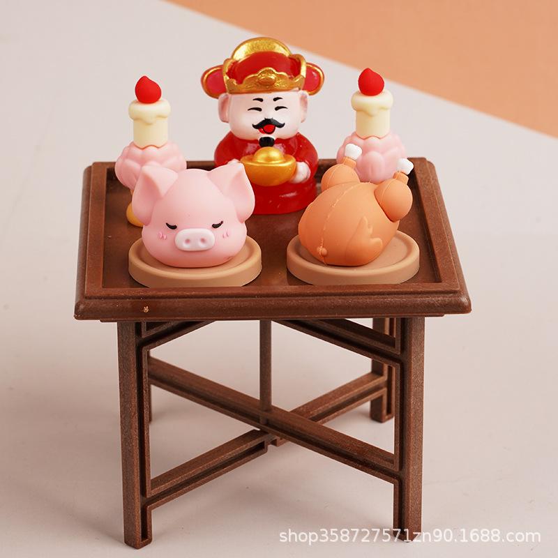 Welcome To The God Of Wealth Mini Simulation Set Doll House Model Ornament Pig Head Chicken Food Play Children Play House Small Toys