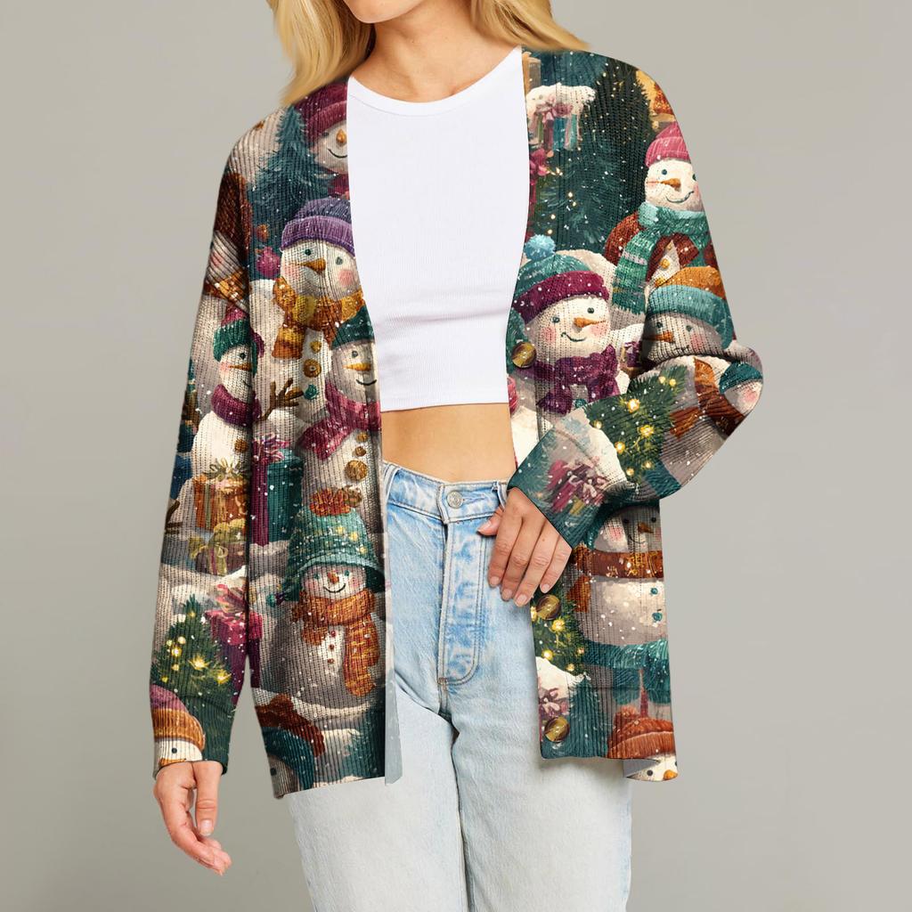 Women's Fashion Long Sleeve Print V-Neck Button Loose Cardigan Top