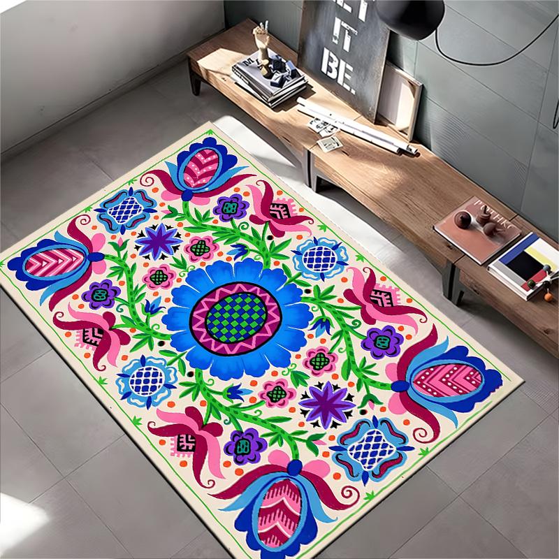 Colorful Floral Pattern Carpet with Blue, Pink, and Green Design Suitable for Use As an Anti-slip for Living Room Bedroom Sofas