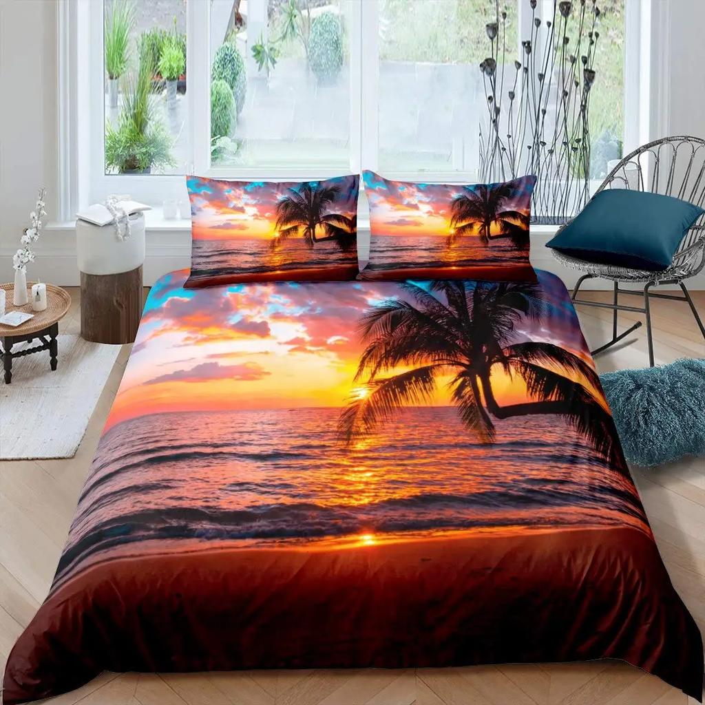 Ocean Duvet Cover Summer Beach Decor Hawaiian Vacation Style Bedding Set Tropical Nature Sea Theme Palm Trees Comforter Covers