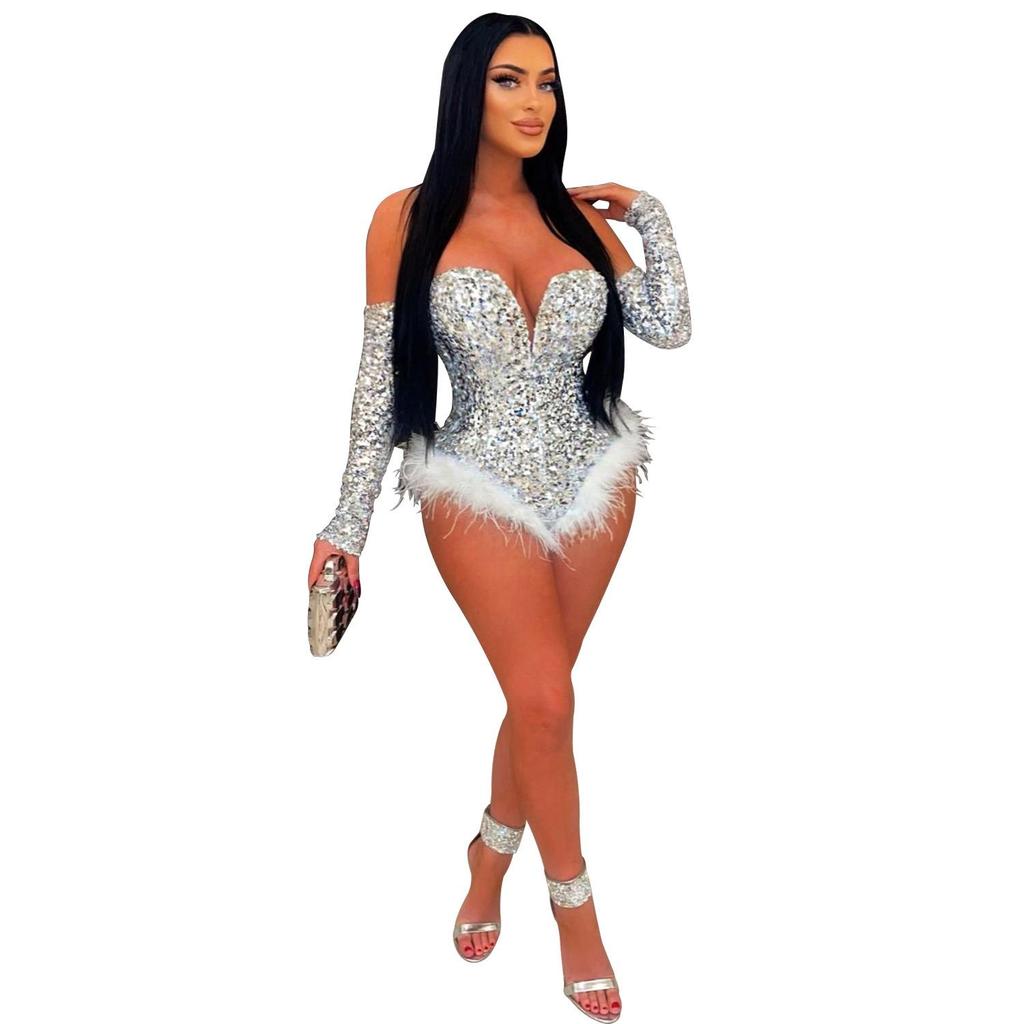 Sequined Long Sleeve Solid Color Jumpsuit with Shorts - Women's Fashion Europe America