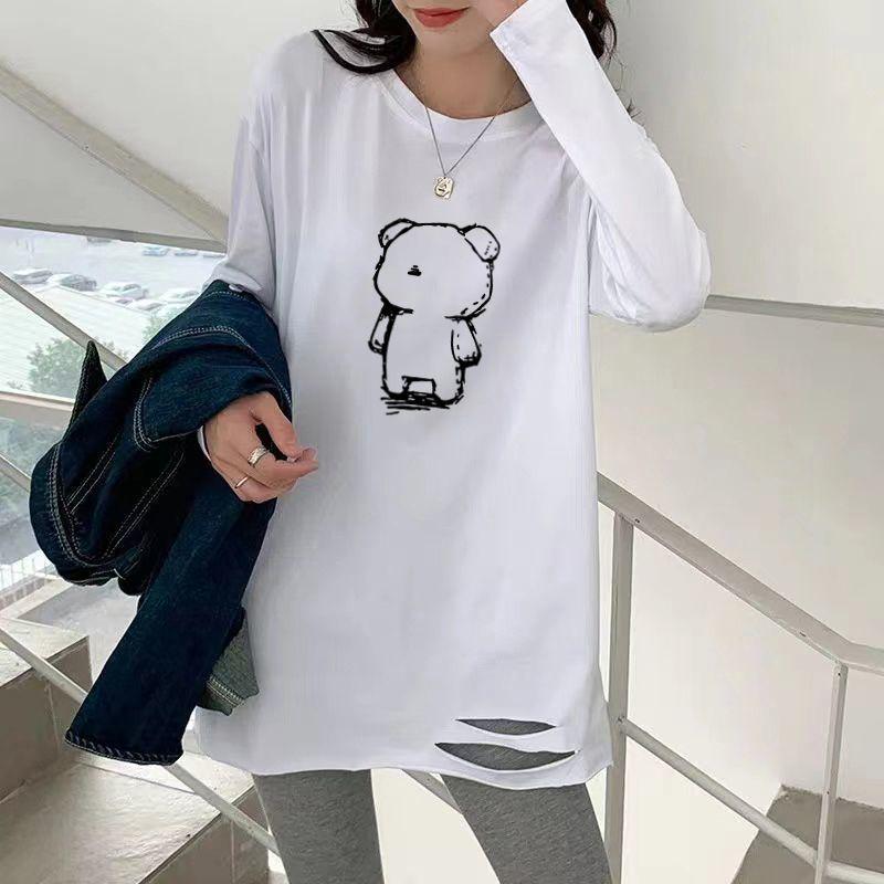 Damen Übergröße Baumwoll-T-Shirt mit Rissen und langen Ärmeln – Mittellang, Vielseitig, Weiß, Frühlings- und Herbststil