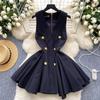 Summer V-neck Sleeveless Double Breasted Dress with Women's Niche Design High Waist A-line Vest Dress