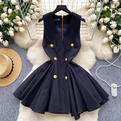 Summer V-neck Sleeveless Double Breasted Dress with Women's Niche Design High Waist A-line Vest Dress