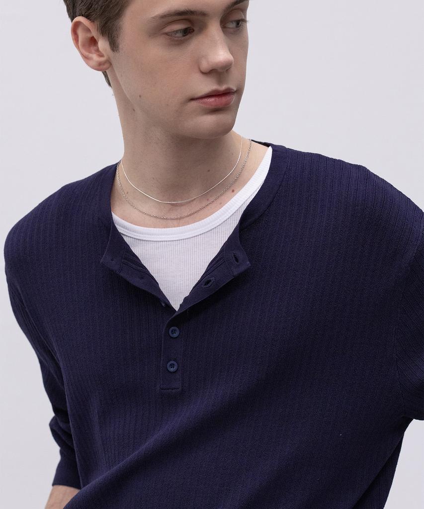 Dekkoloso Light Henley Neck Knit T-Shirt [Navy]