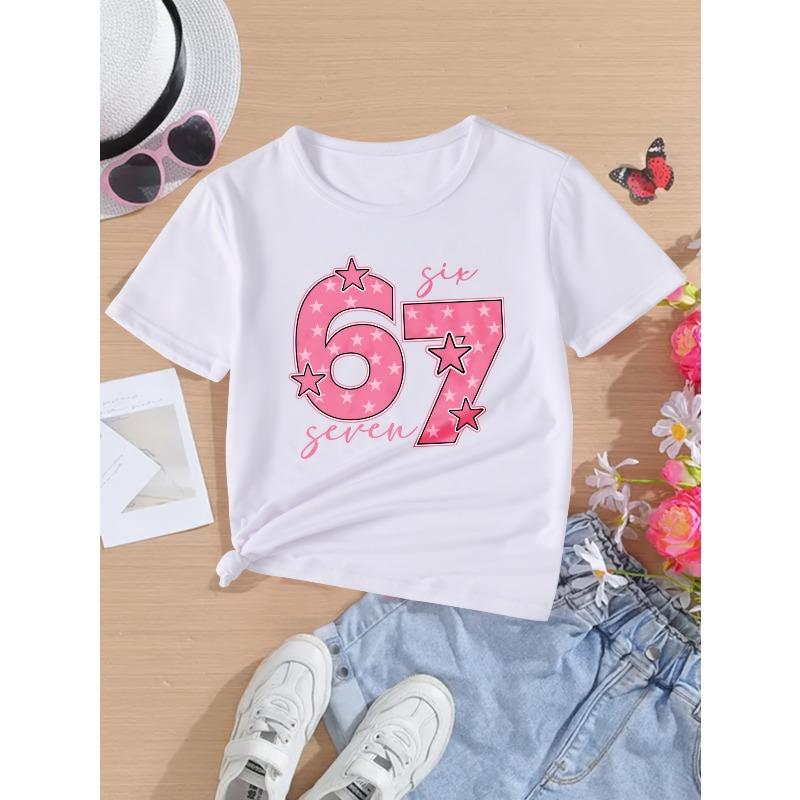 European sizes Girls' 67 Letters & Numbers Print T-Shirt - Casual Round Neck Top Suitable for Spring/Summer, & Casual Attire