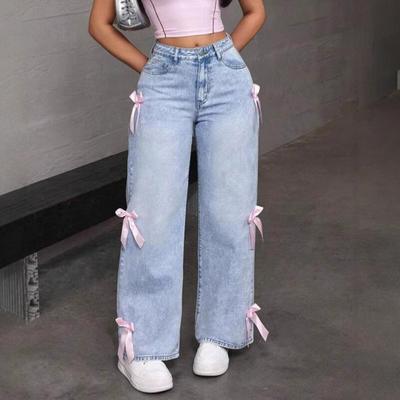 Dámské džíny se širokými nohavicemi s ozdobou mašličky s vysokým pasem rovné nohavice