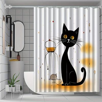 Schwarze Katze & Cupcake Duschvorhang, Polyester, Maschinenwaschbar mit Haken, Künstlerische Badezimmerdekoration