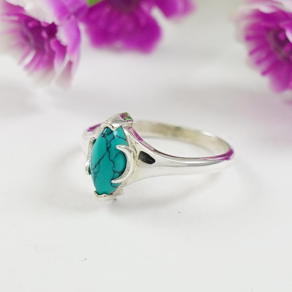Turquoise Ring, Dainty Ring, 925 Sterling Silver Handmade Ring, Green Turquoise Ring, Moon Design Ring, Gift For Her
