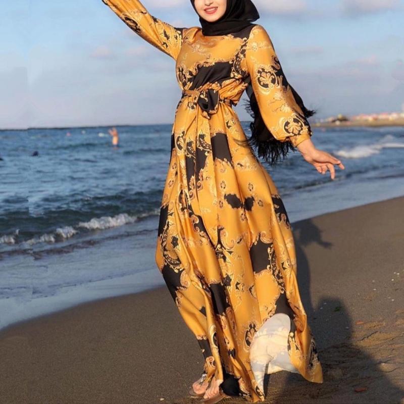 Floral Printting Ramadan Muslim Dress Abayas Lace Up O-Neck Dubai Turkey Islam Clothing Kaftan Robe for Womens Girls
