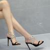 2025 New Open-Toe Rhinestone Chain One-Line Buckle Sandals Women'S Black Silk Frosted Crystal Stiletto Heels