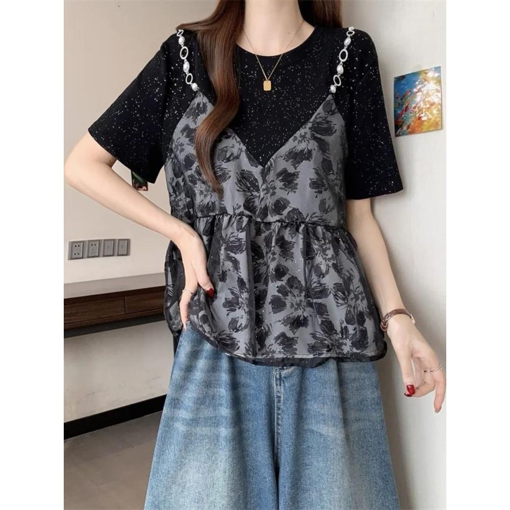 Summer French and Western Style Fake Two Short Sleeved T-shirts for Women's Unique Tops
