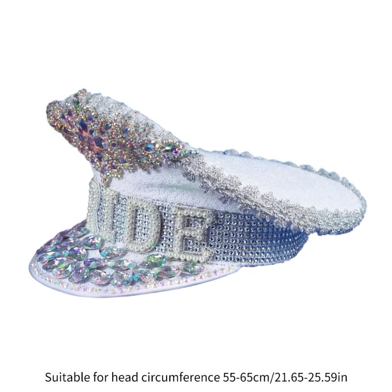 BRIDE Wedding Hat with Colorful Rhinestone Decor Stage Show Hat Military Hat Stage Performances Hat for Masquerade Party