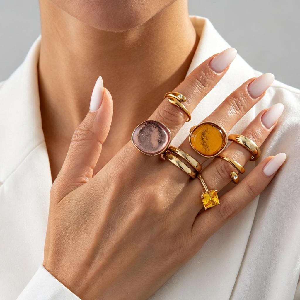 INS Style Resin Gemstone and Metal Rings: Fashionable Stackable Set with Smooth Surface and Diamond Inlays