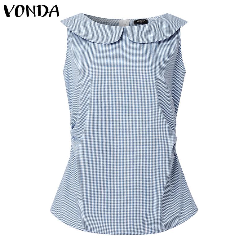 

VONDA Women Lapel Neck Sleeveless Plaid Casual Twisted Side Tank Tops M