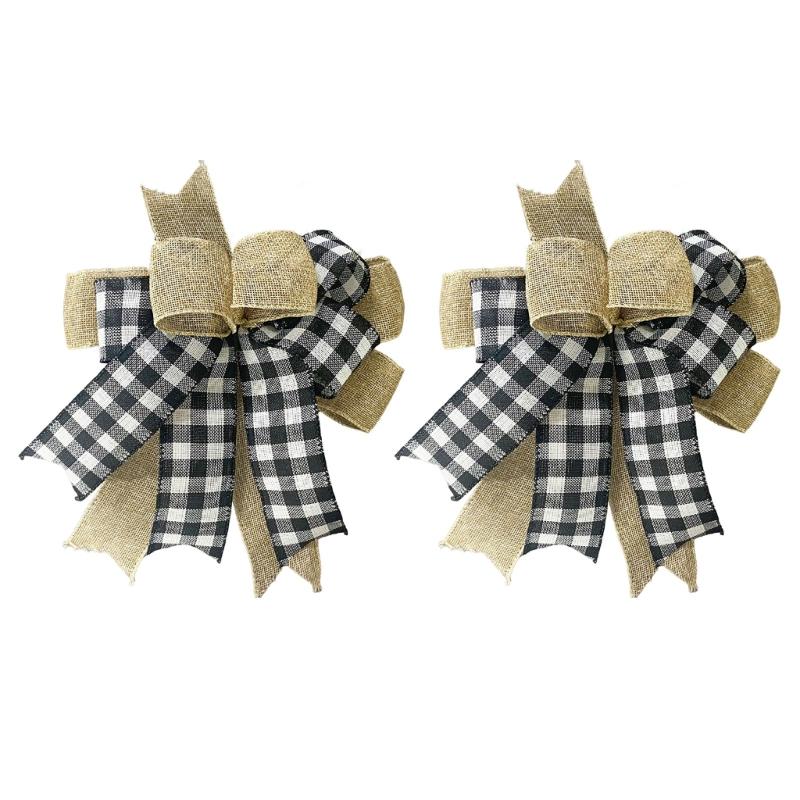 Layered Christmas Bowknot Set, 2-Pack Polyester Patterned Decorations with Concealed Back Tie for Wreaths, Gifts, and Mantels