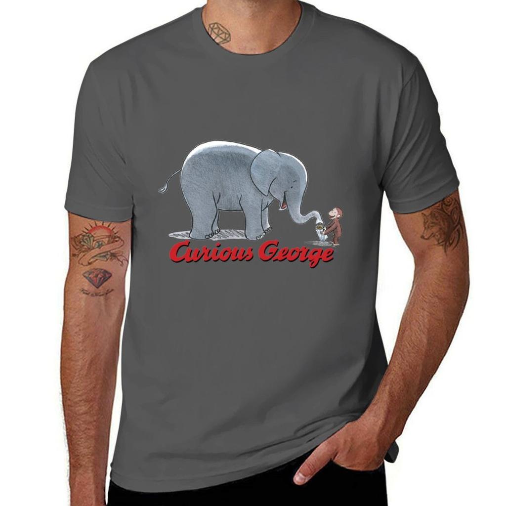 Curious George And Elephant TShirt Basic Solid Color Short Sleeve TShirt
