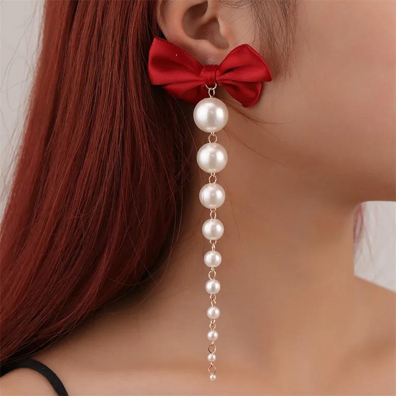 Women Elegant Imitation Pearl Tassel Earrings Wedding Party Jewelry Accessories красный