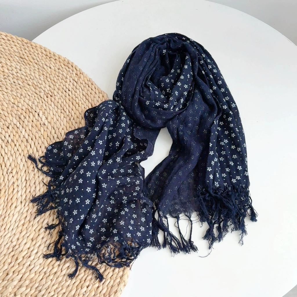 Vintage Dark Blue Floral Printed Cotton Linen Scarf Thin Breathable Versatile Neckerchife for Women