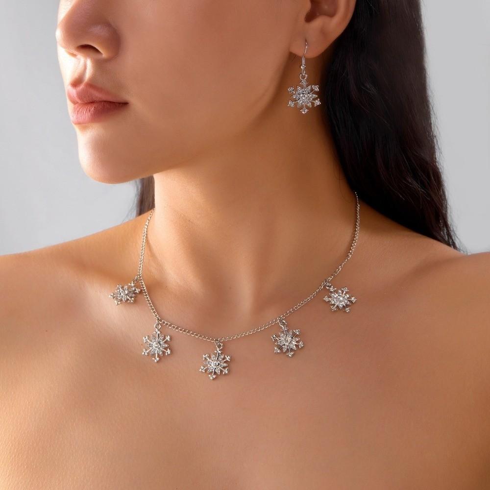 Zinc Zinc Zinc Alloy Xmas Dangle Earrings Rhinestone Snowflake Necklace Christmas Jewelry Set  Gift