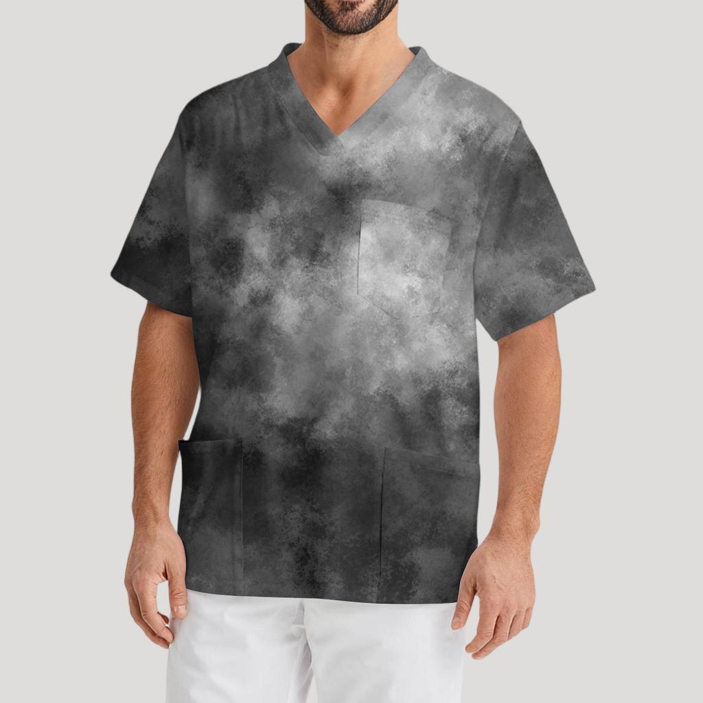 Men's Printing Short Sleeve V-neck Working Blouse Chest Pocket Carer Top
