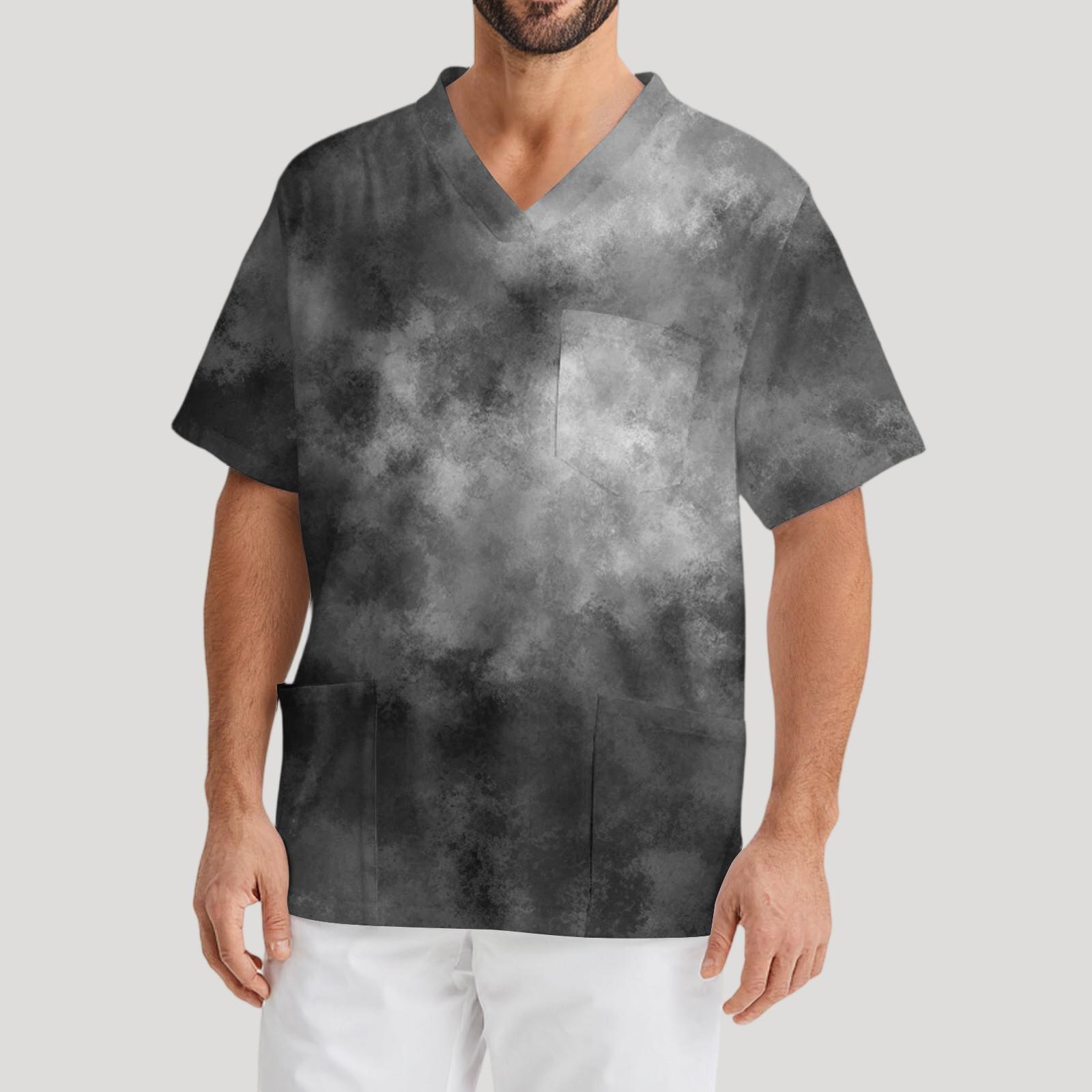 

Мужская рабочая блузка с короткими рукавами и v-образным вырезом с принтом, топ с нагрудным карманом M чёрный