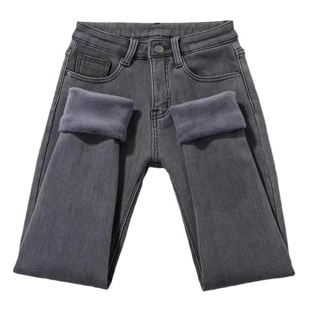 Women's High Waist Slim Fit Gray Cotton Plush Jeans for Autumn/Winter