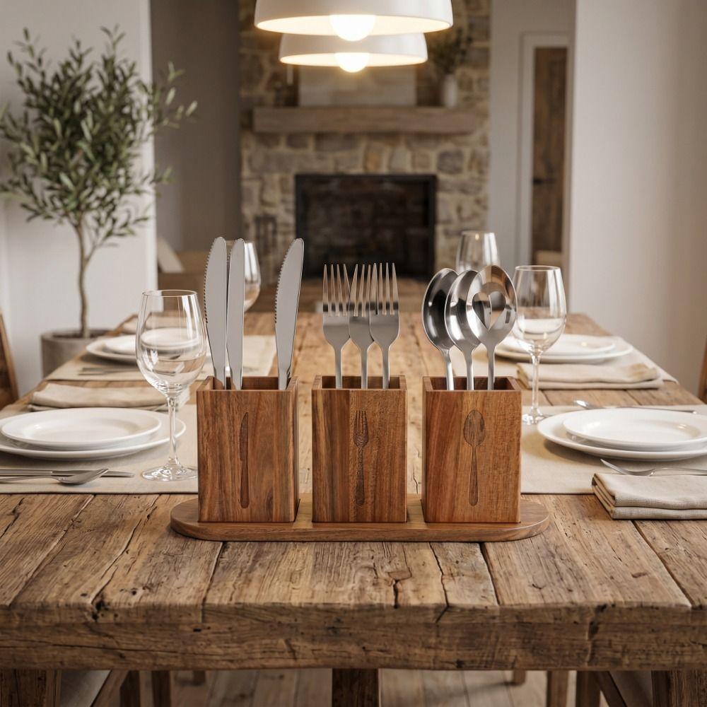 Large Capacity Tableware Storage Box Wooden Flatware Organizer Utensil Holder Farmhouse