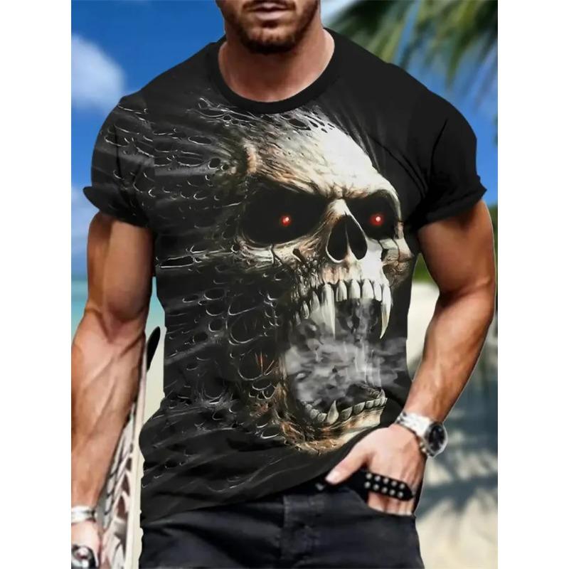 Summer Comfortable Round Neck Short Sleeved Men's 3D Horror Skull Print T-shirt Casual T-shirt Fashion Clothing