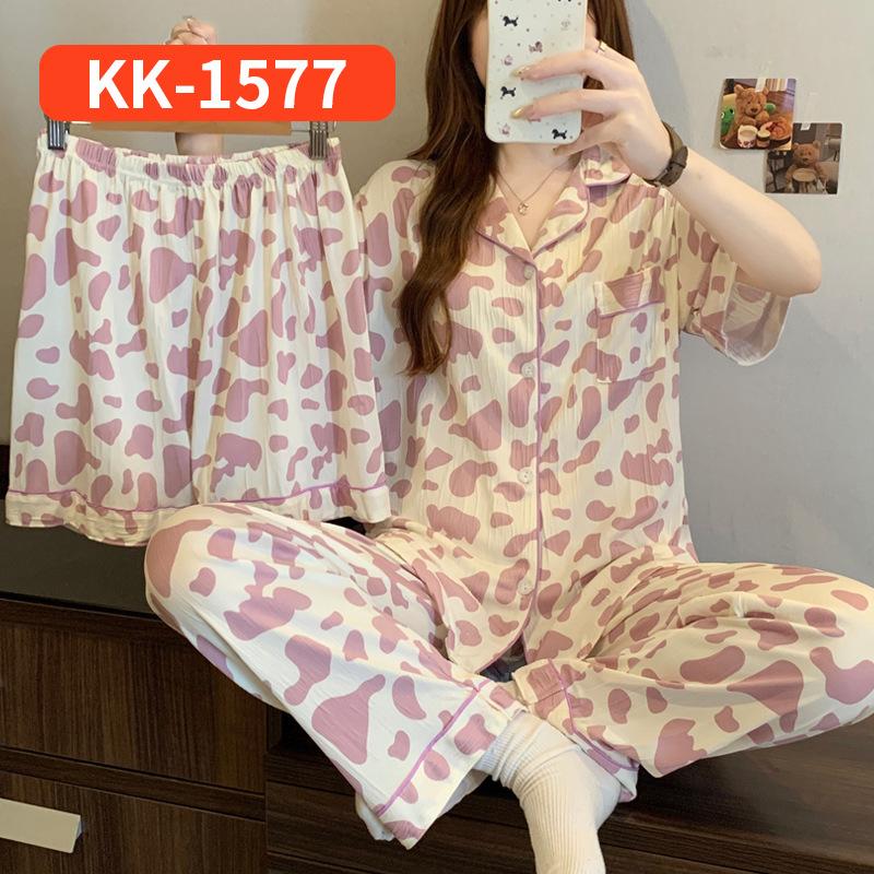 Retro Small Floral High-End Wrinkled Cloth Pajamas Women'S Summer Casual Homewear Short-Sleeved Three-Piece Set