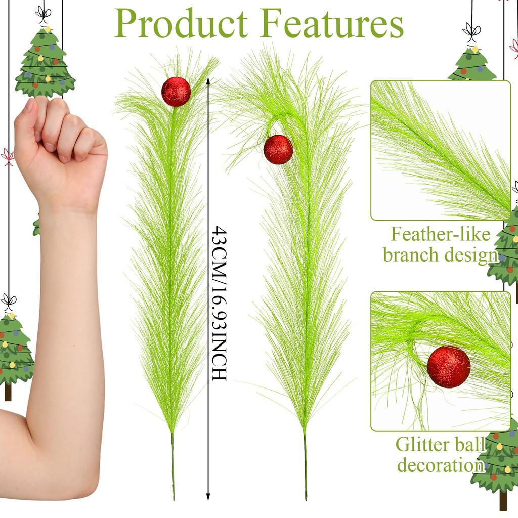 10Pcs Christmas Tree Decorations Picks with Red Ball Xmas Artificial Green Stems Christmas Home Wreath Craft Decoration Supplies