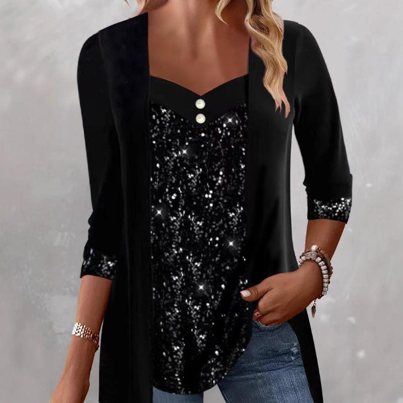 Podzim Zima Flitrované Knoflíkové Trička Dámské T-top s Dlouhým Rukávem