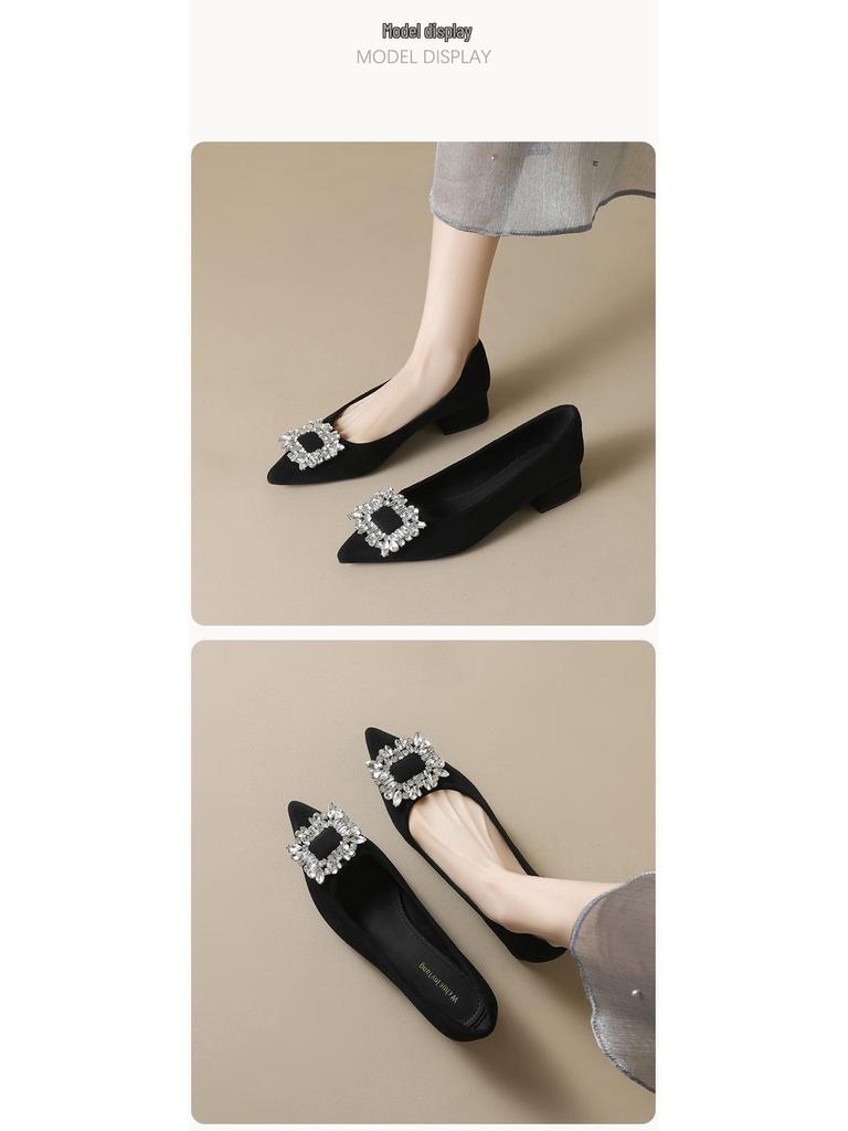 Weiwei Black Rhinestone Chunky Heel Pointed Toe Slip-On Flats for Women