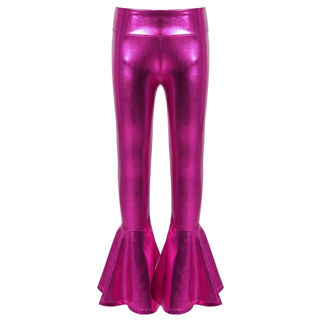 Girls Performance Pants Elastic Waistband Bronzing Cloth High Waist Design Ruffle Hem Bell Bottom