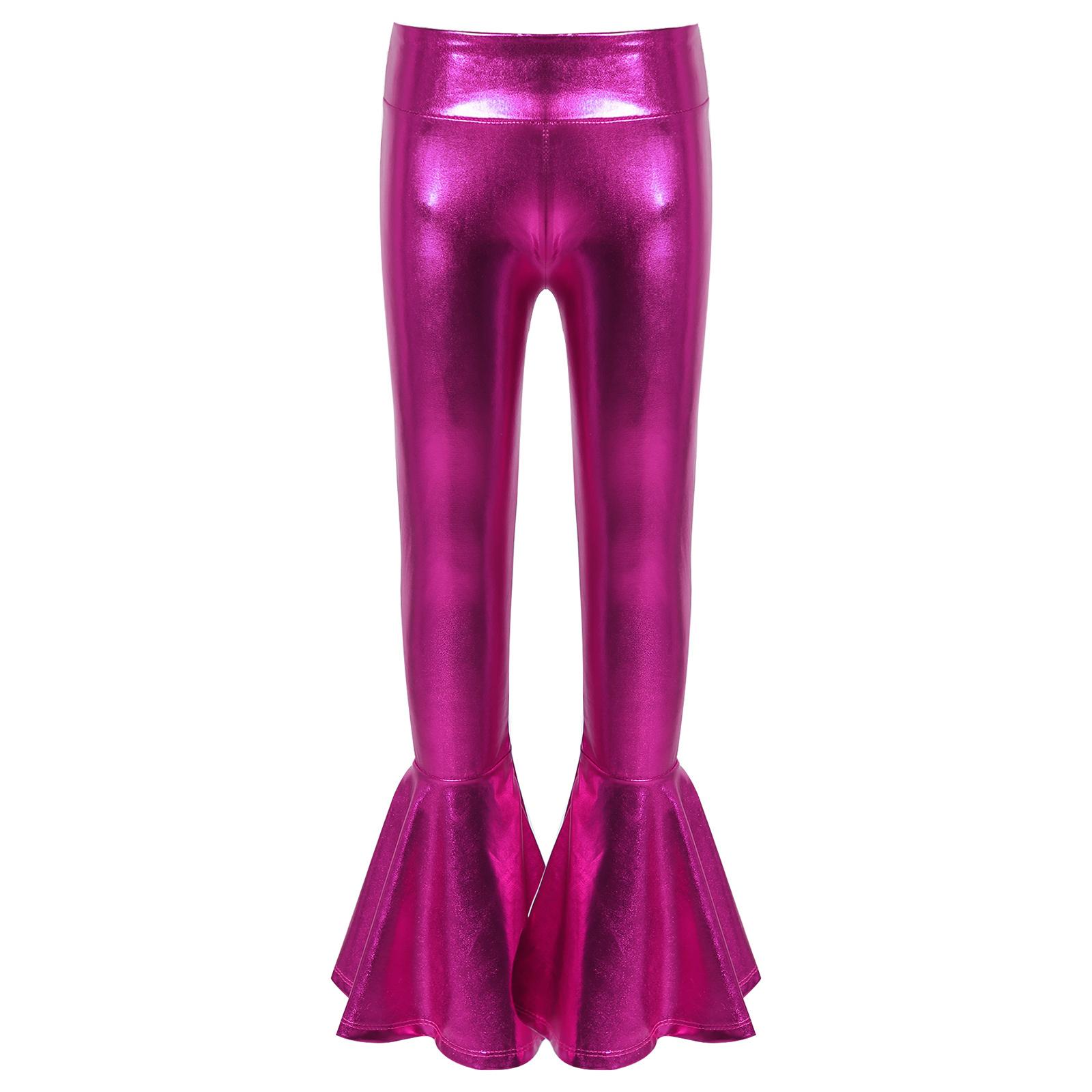 

Дівчачі штани для виступів Еластичний пояс Бронзована тканина Дизайн з високою посадкою Оздоблення рюшами Кльош 7-8 Years гарячі рожевого кольору