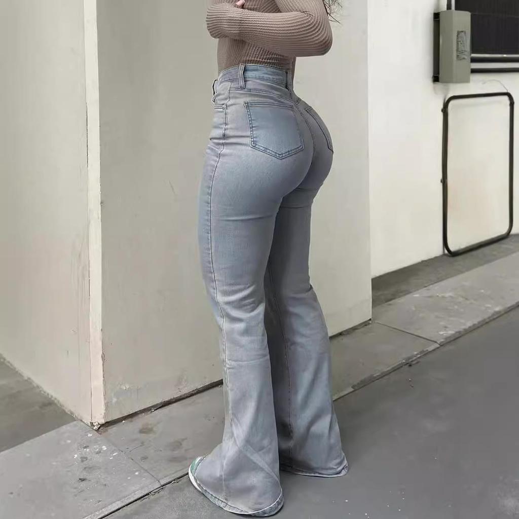 MH1025 Calças de Boca de Sino Femininas de Cintura Alta Elásticas com Bolsos