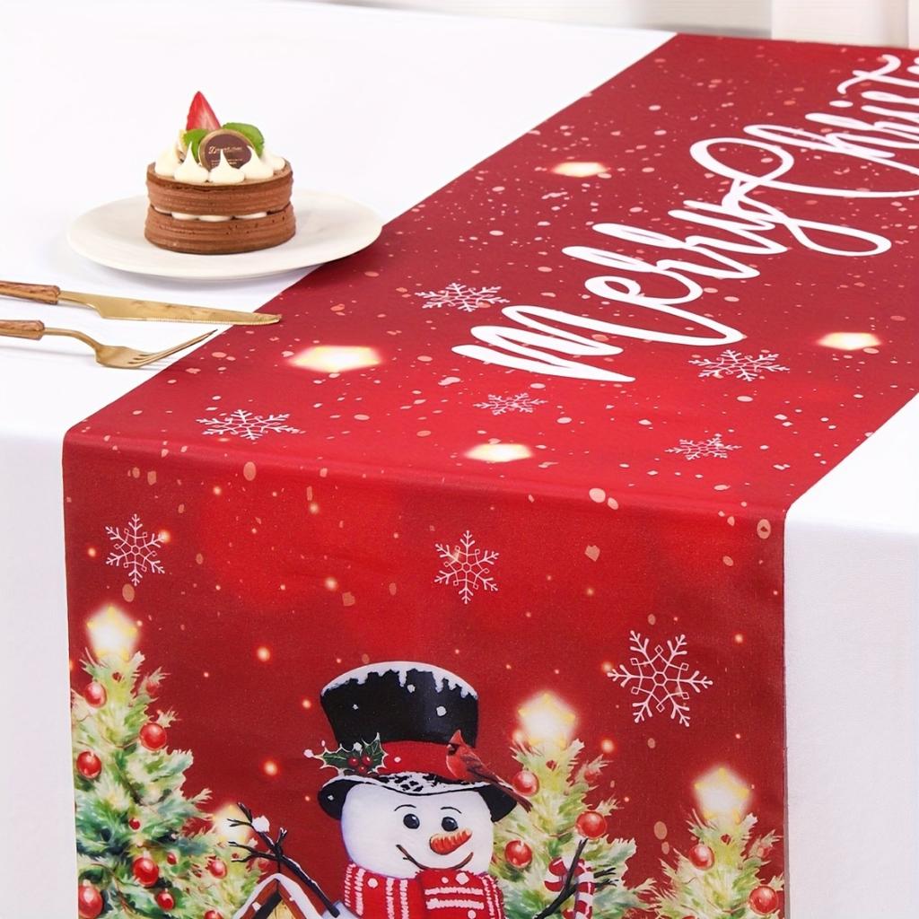 1pc Marry Christmas Table Runner Snowman Pine Printed Dustproof Durable Tablecloth for Home Ornament Xmas Dining Room Decoration