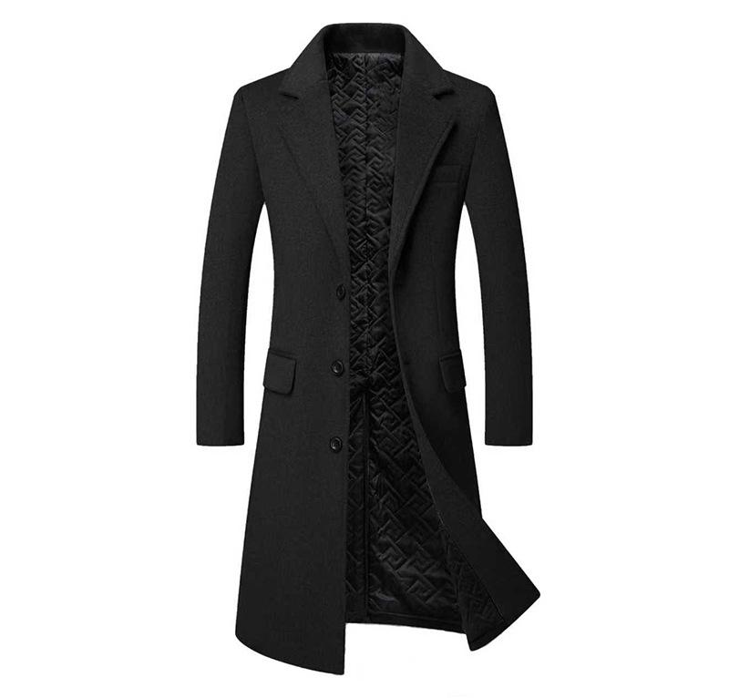 Men's Long Wool Coat with Suit Collar and Thick Cotton Lining